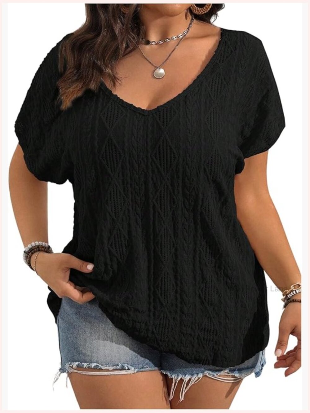 Plus Size Boho Lace V Neck Short Sleeve Blouse Tee Top